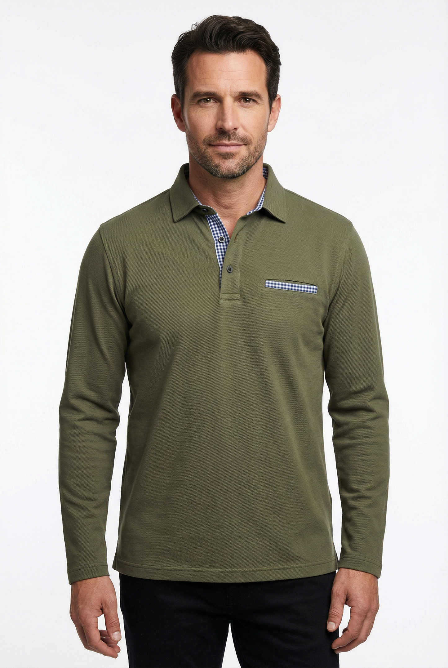 Polo Shirt Men’s Long Sleeve Turn-Down Collar Checked Pattern