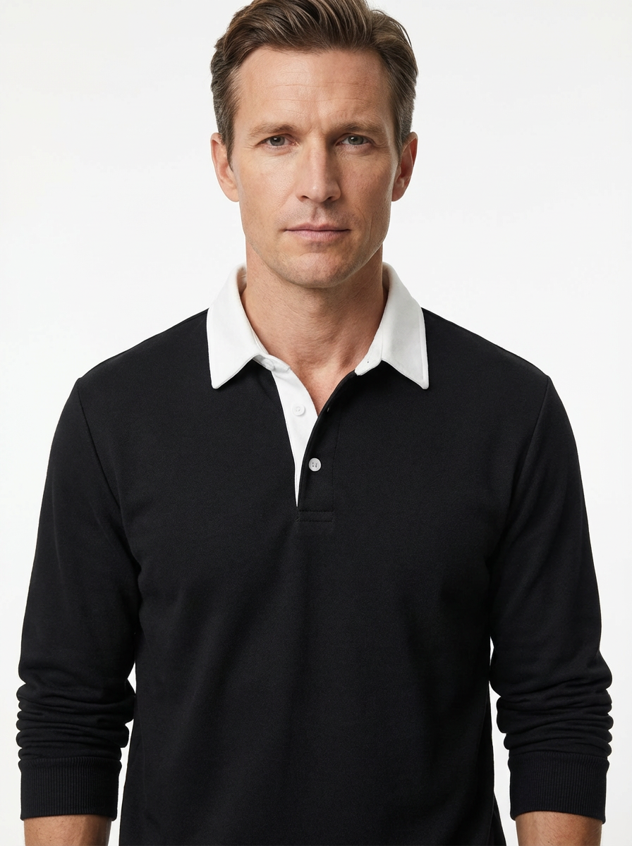 Polo Shirt Men Long Sleeve Button Collar Casual