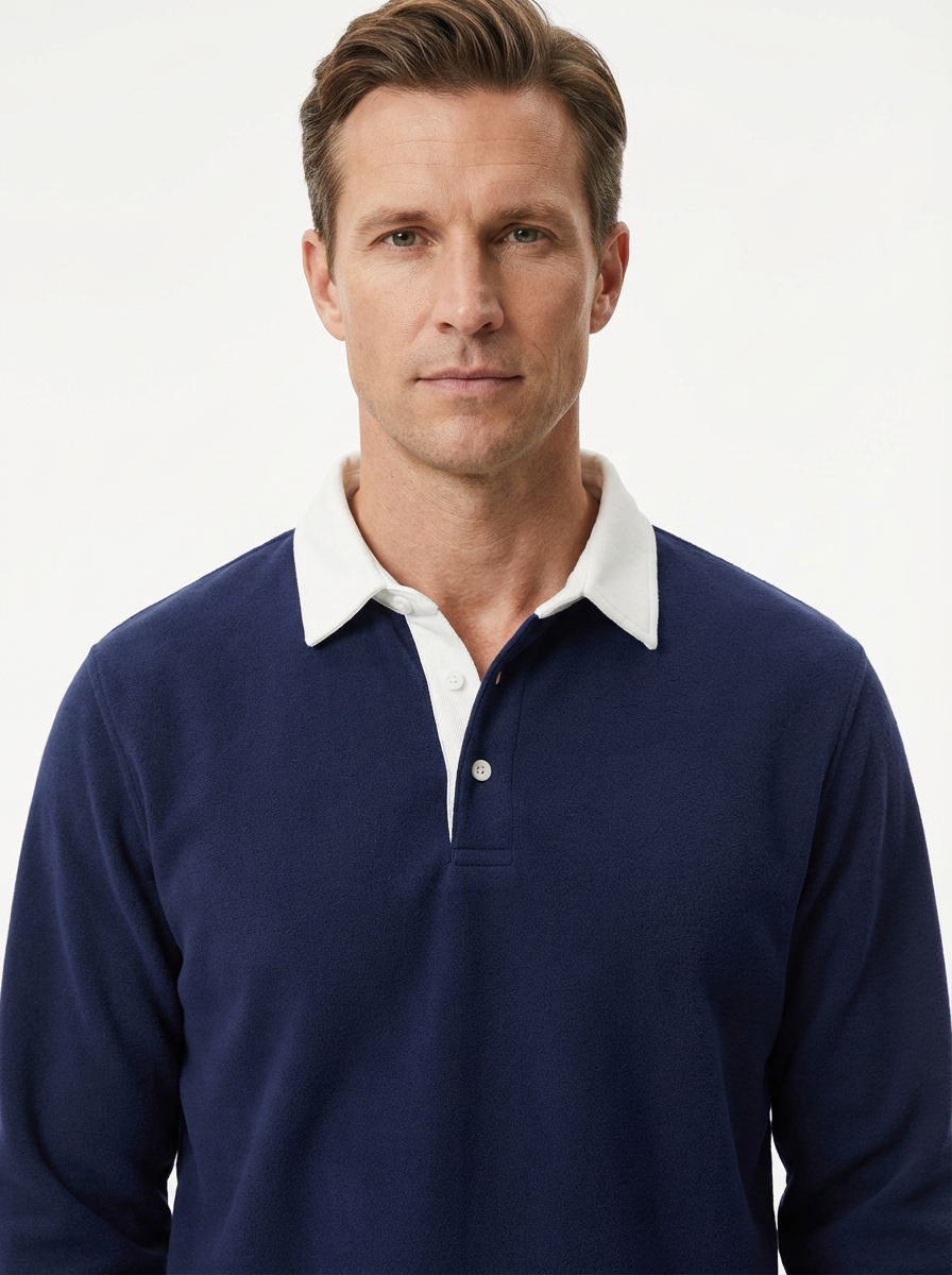 Polo Shirt Men Long Sleeve Button Collar Casual