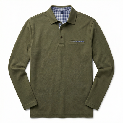 Polo Shirt Men’s Long Sleeve Turn-Down Collar Checked Pattern