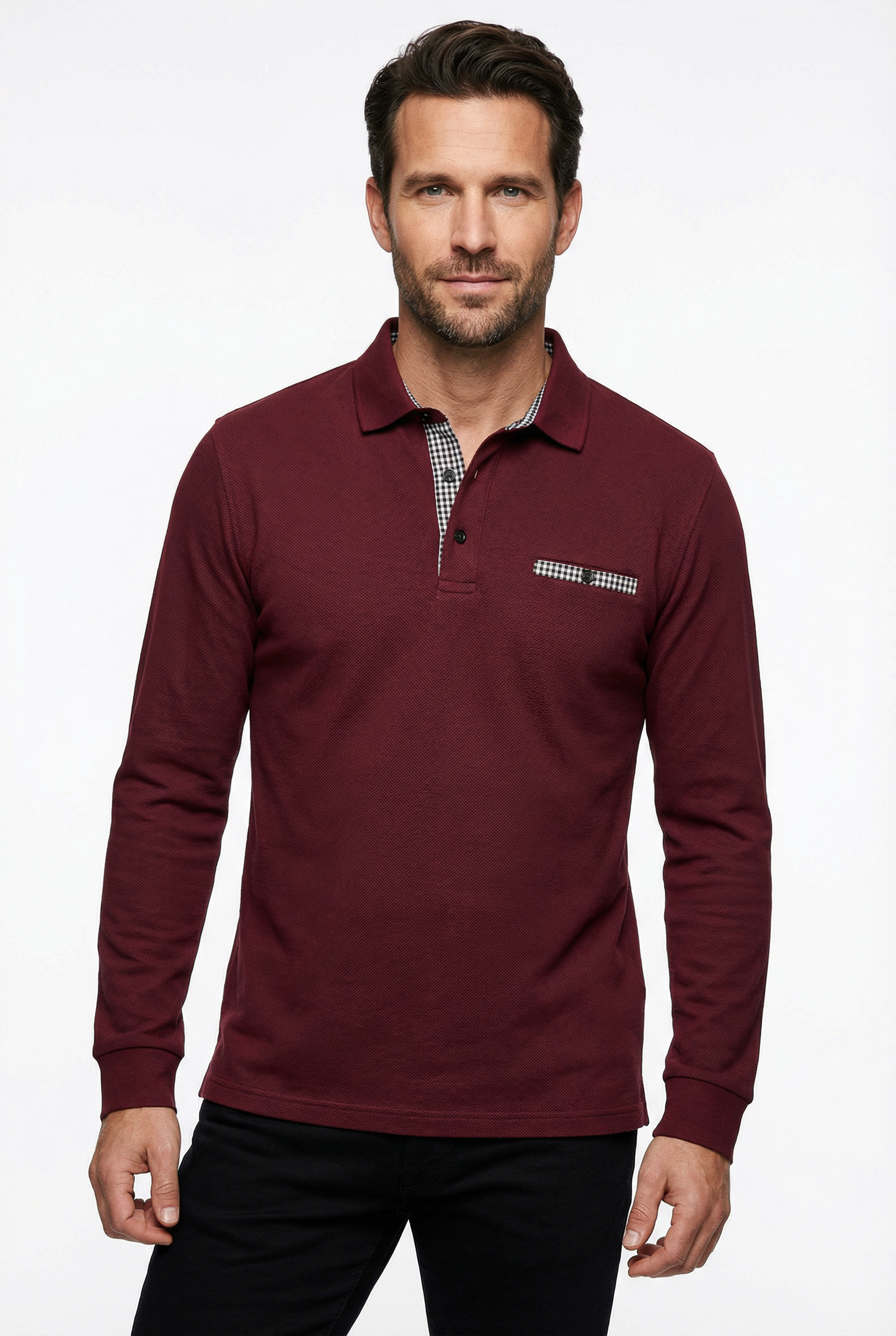 Polo Shirt Men’s Long Sleeve Turn-Down Collar Checked Pattern