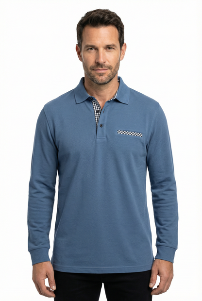 Polo Shirt Men’s Long Sleeve Turn-Down Collar Checked Pattern