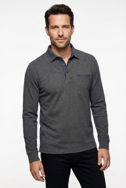 Polo Shirt Men’s Long Sleeve Turn-Down Collar Checked Pattern