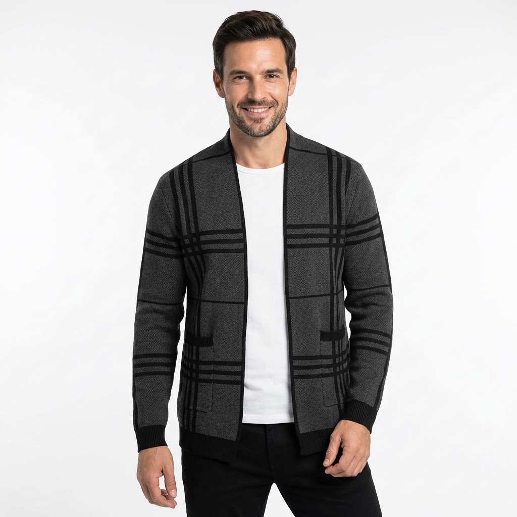 Men’s Cardigan V-Neck Checked Pattern Slim Fit