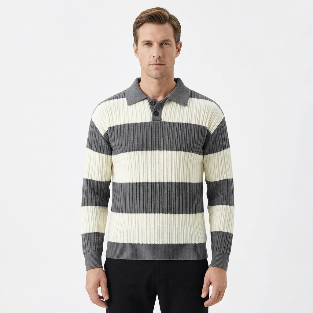Sweater Men Striped Lapel Collar Casual Fit