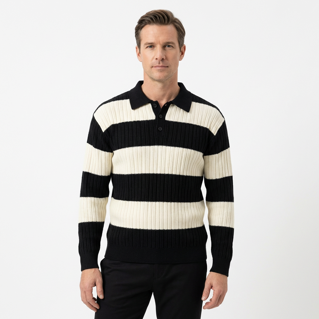 Sweater Men Striped Lapel Collar Casual Fit