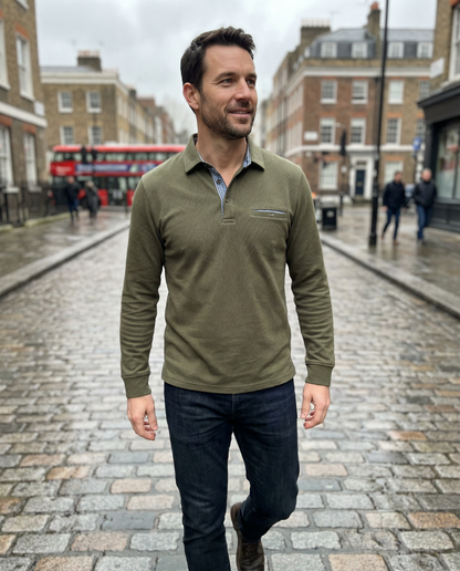 Polo Shirt Men’s Long Sleeve Turn-Down Collar Checked Pattern