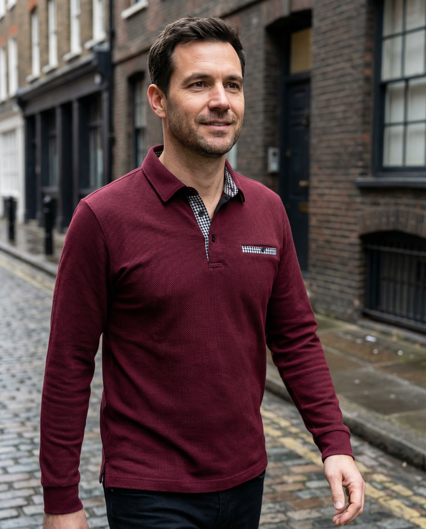 Polo Shirt Men’s Long Sleeve Turn-Down Collar Checked Pattern