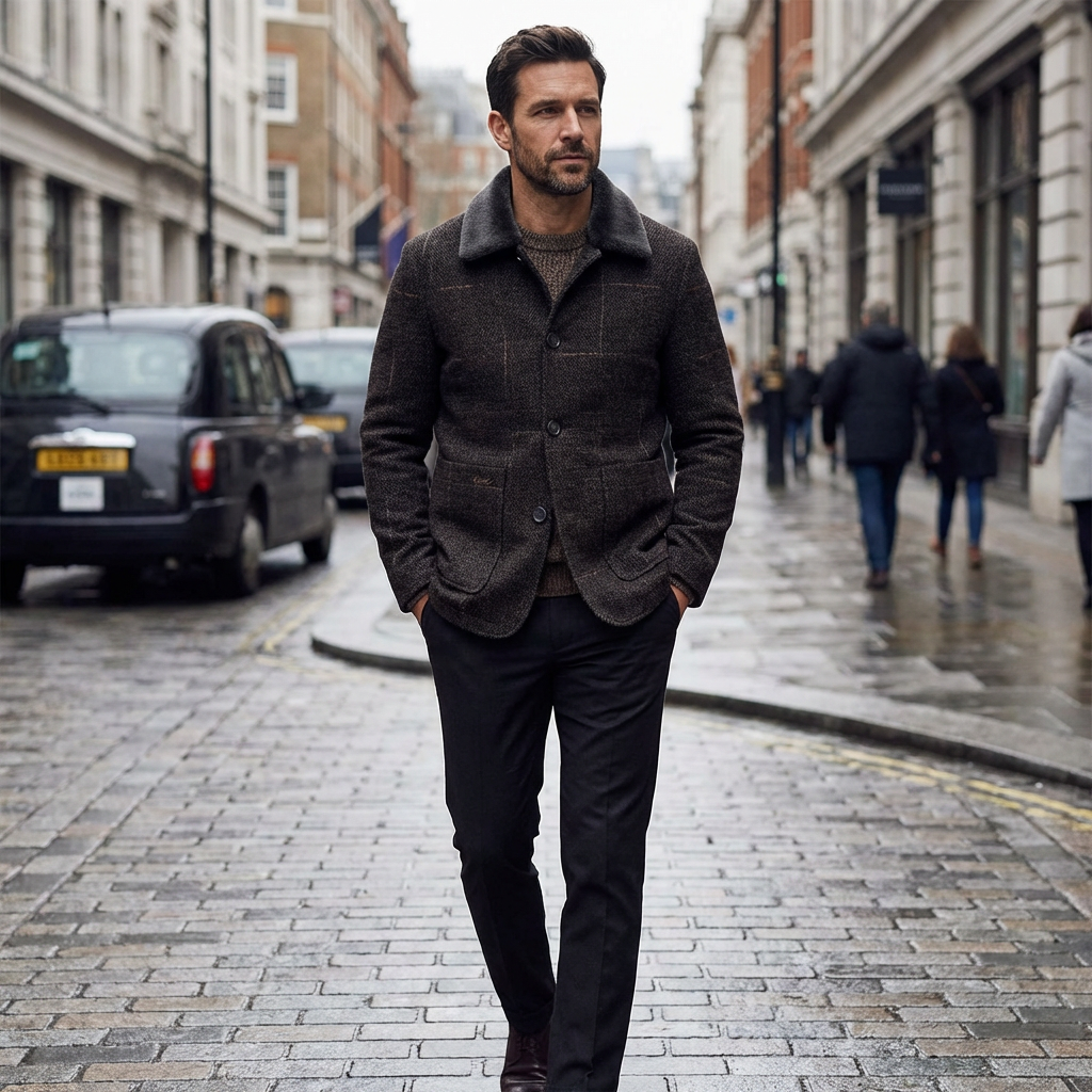 Jacket Men Lapel Collar Long Length Button Front