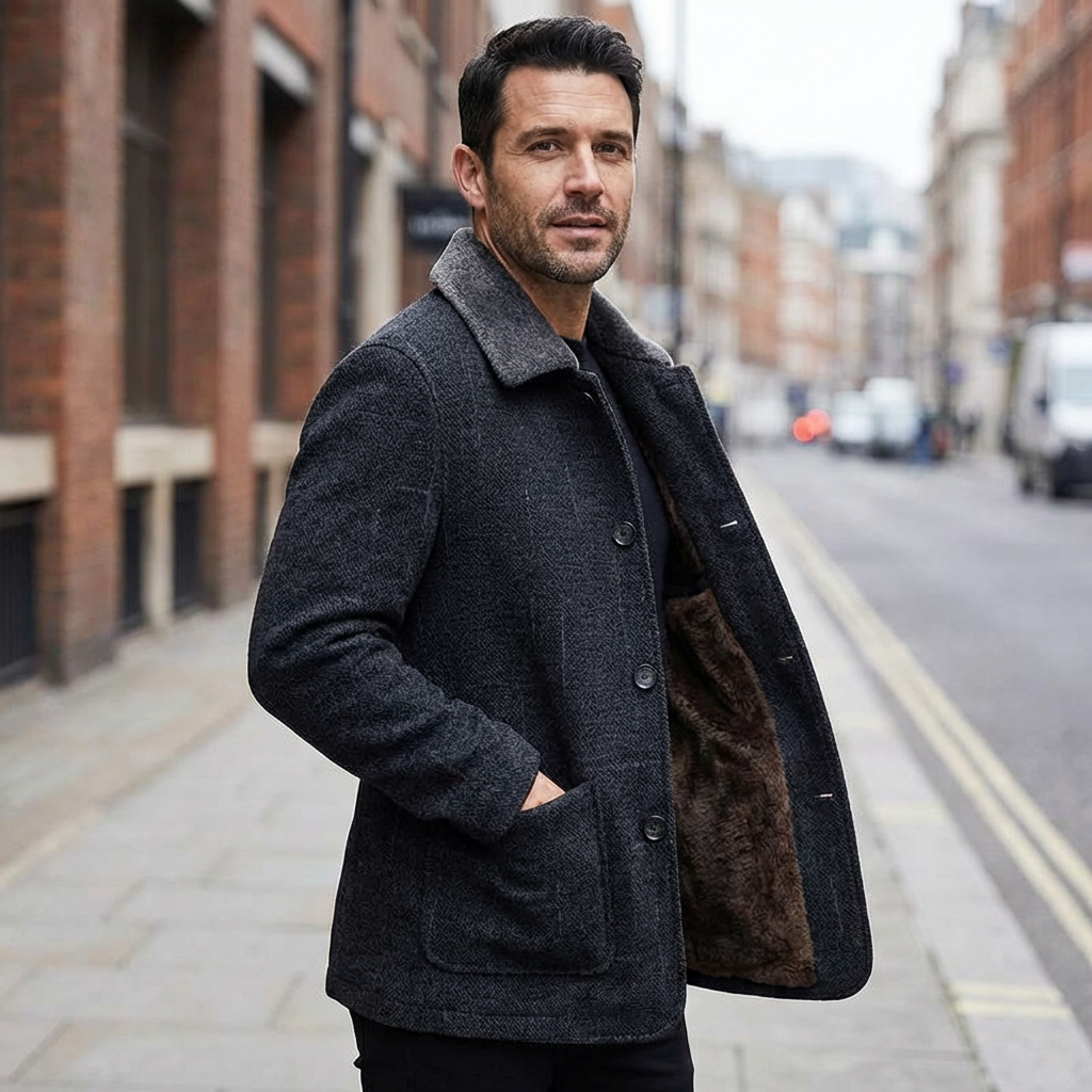 Jacket Men Lapel Collar Long Length Button Front