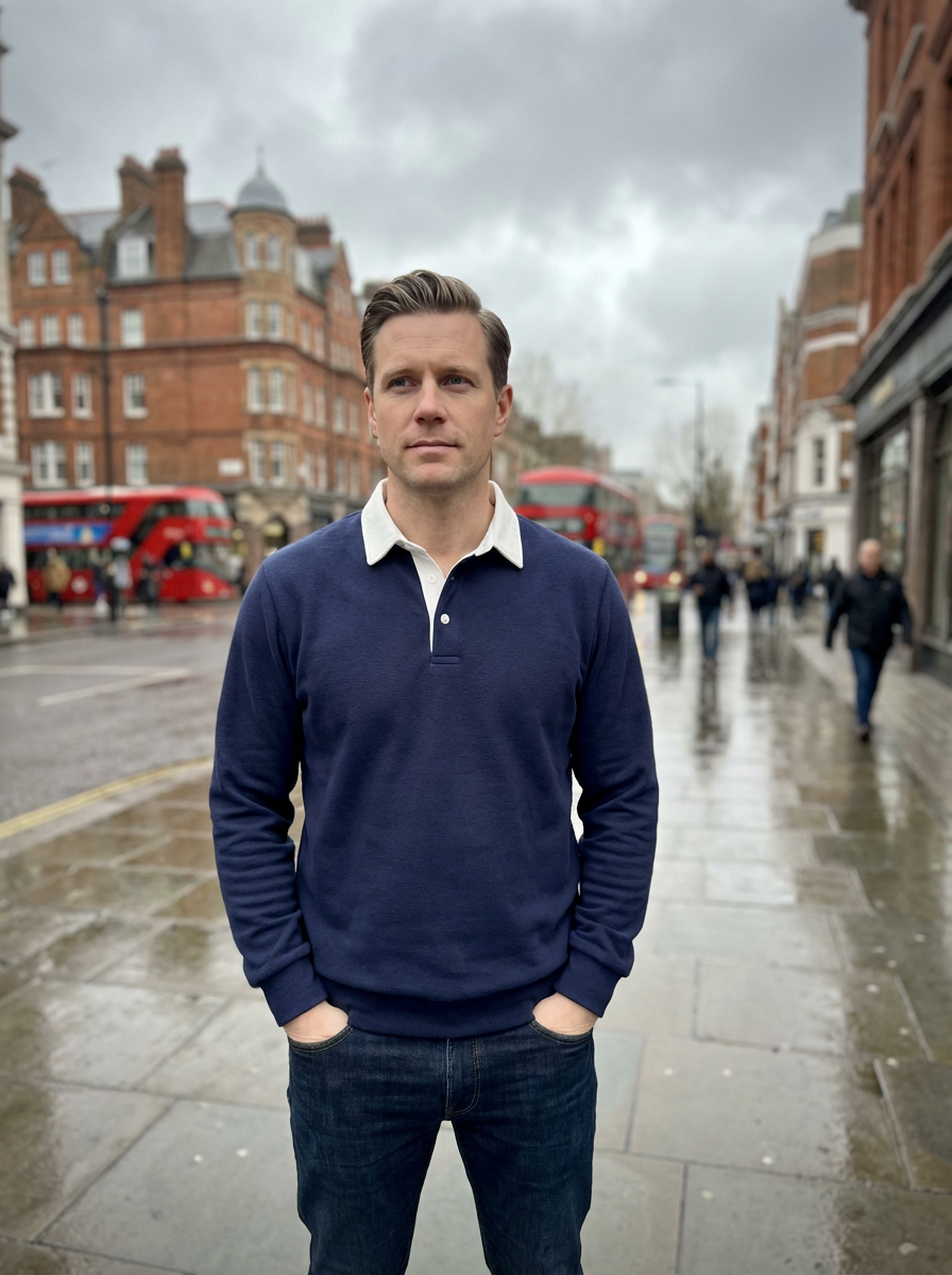 Polo Shirt Men Long Sleeve Button Collar Casual