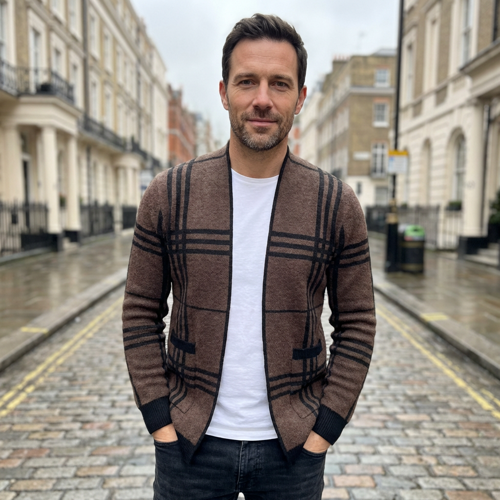 Men’s Cardigan V-Neck Checked Pattern Slim Fit