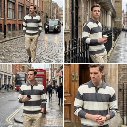 Sweater Men Striped Lapel Collar Casual Fit