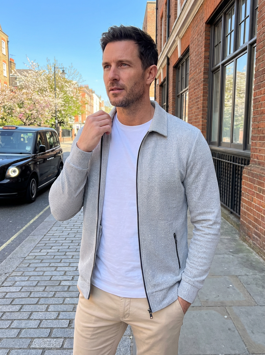 Jacket Men Lapel Collar Zipper Pockets Long Sleeve