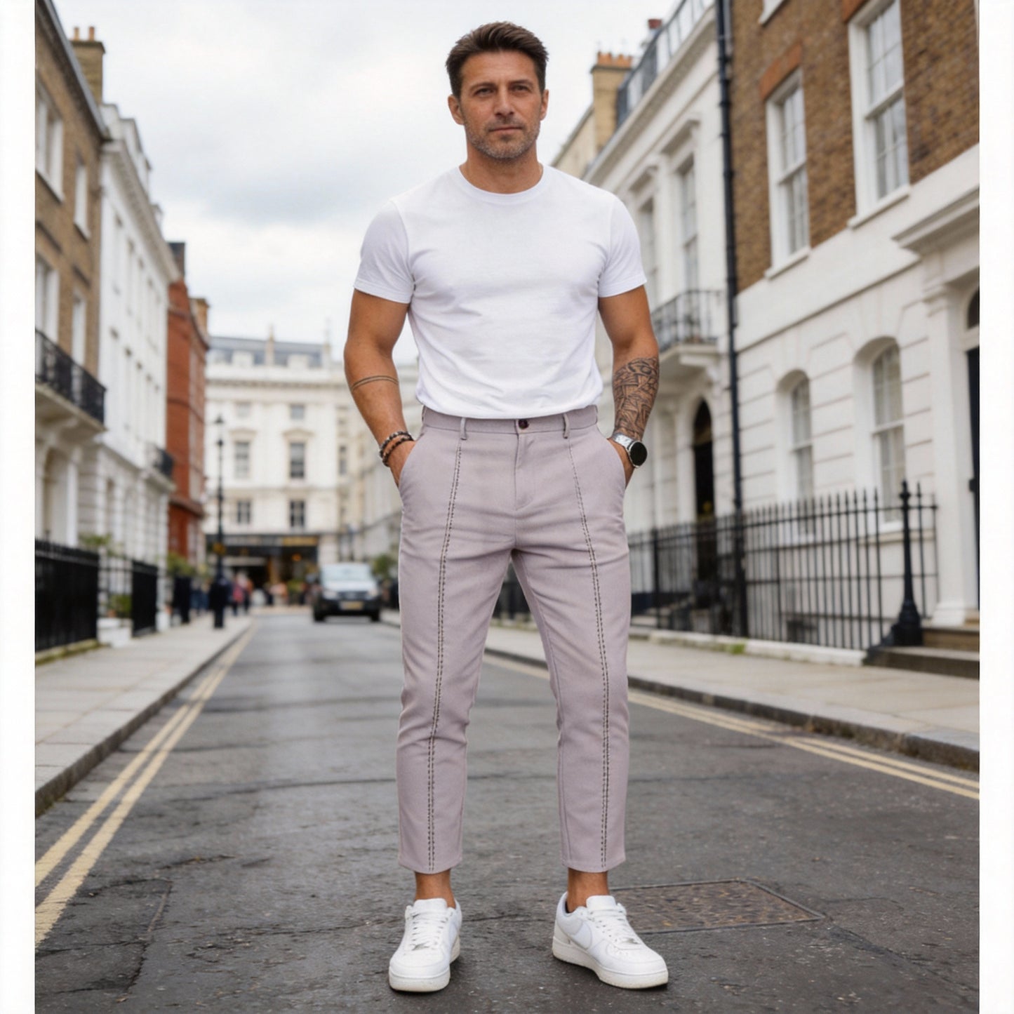 Casual Pants Men Straight Fit Double Pleat