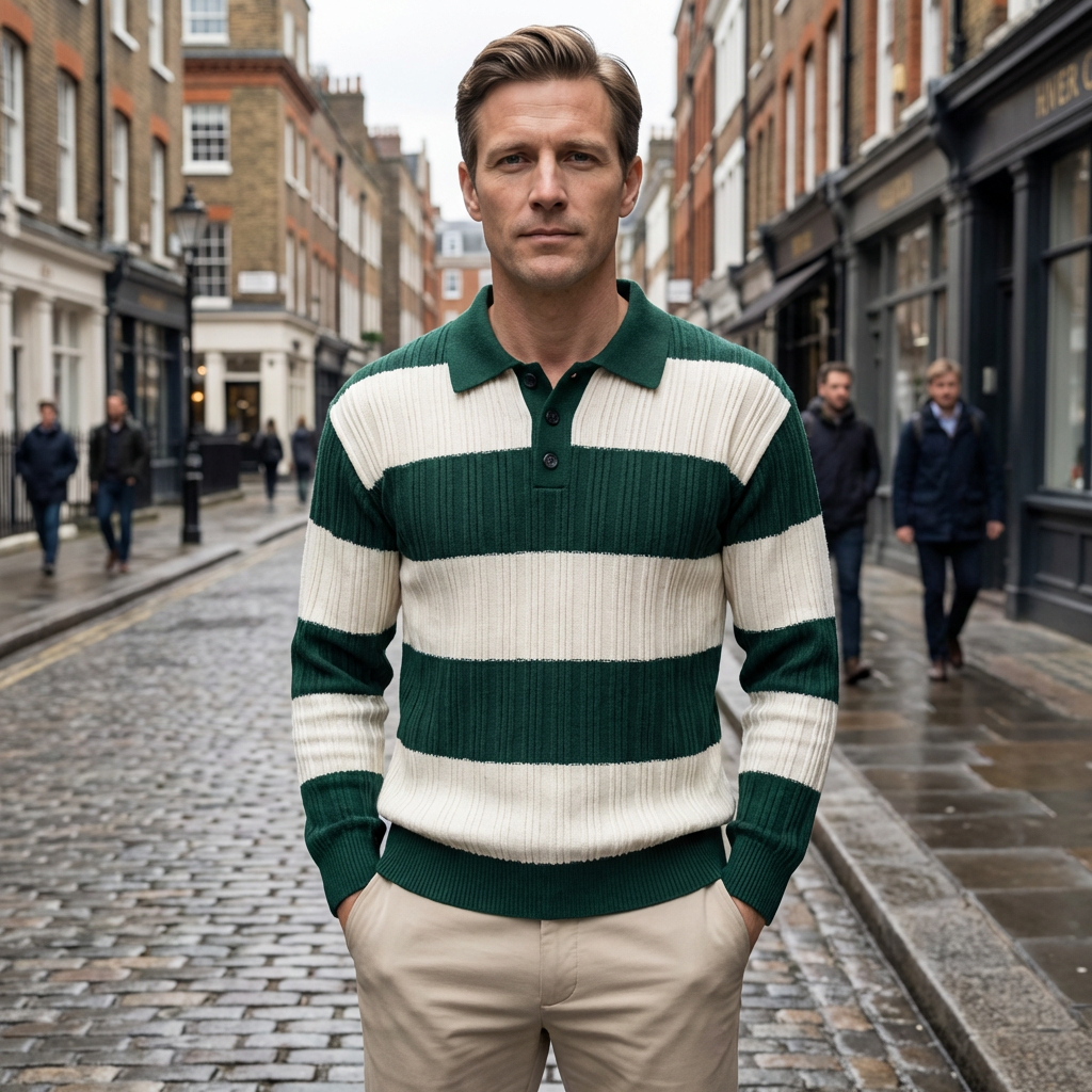 Sweater Men Striped Lapel Collar Casual Fit