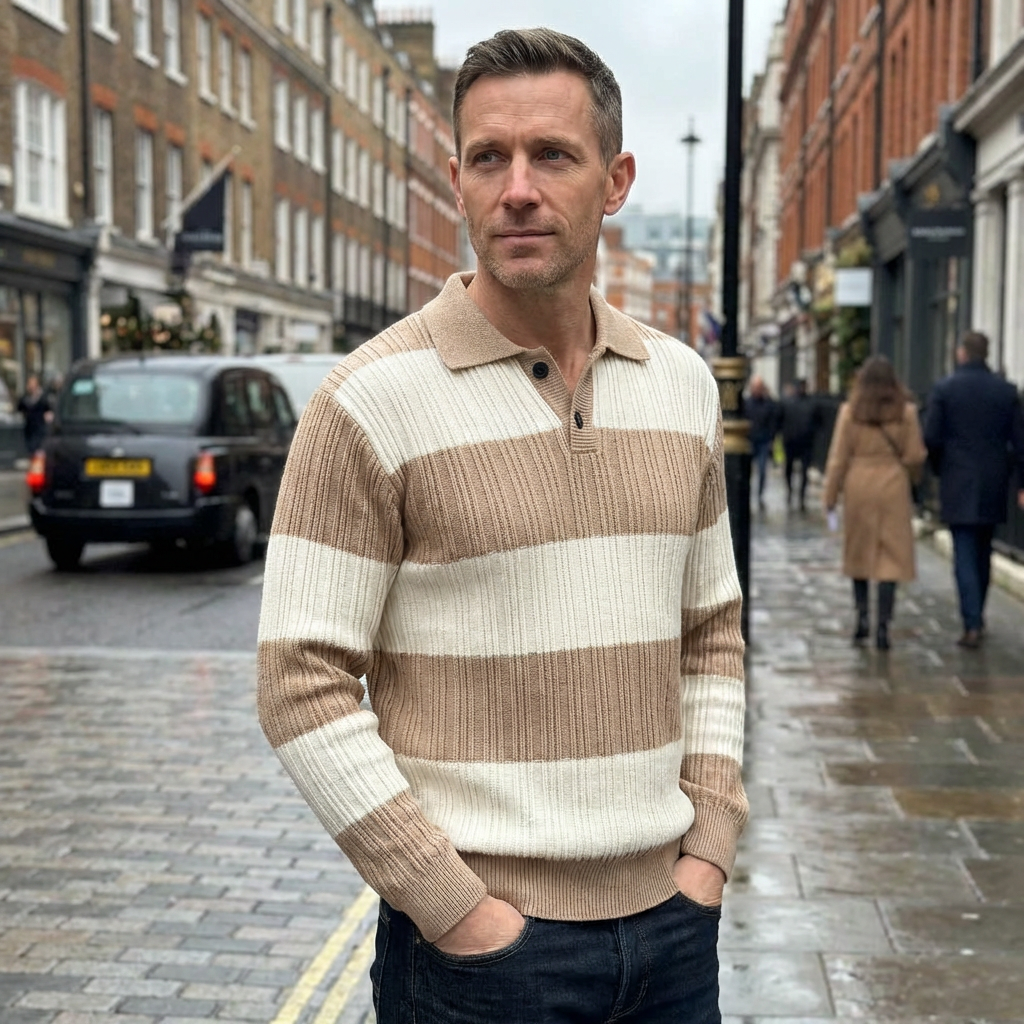 Sweater Men Striped Lapel Collar Casual Fit