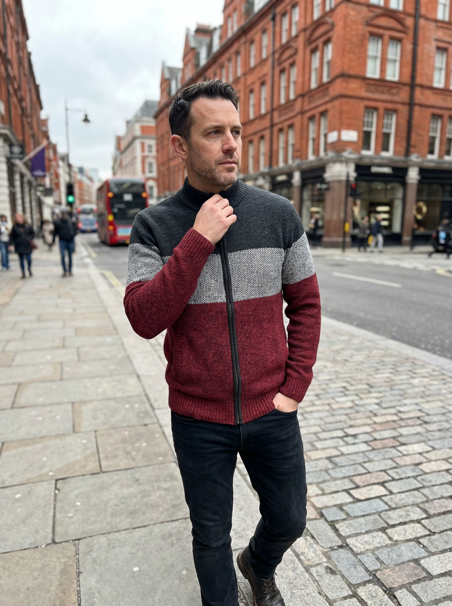 Sweater Jacket Men Stand-Up Collar Zipper Closure