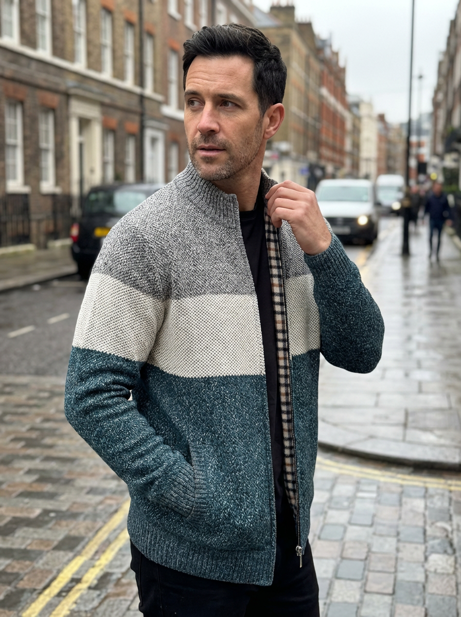 Sweater Jacket Men Stand-Up Collar Zipper Closure