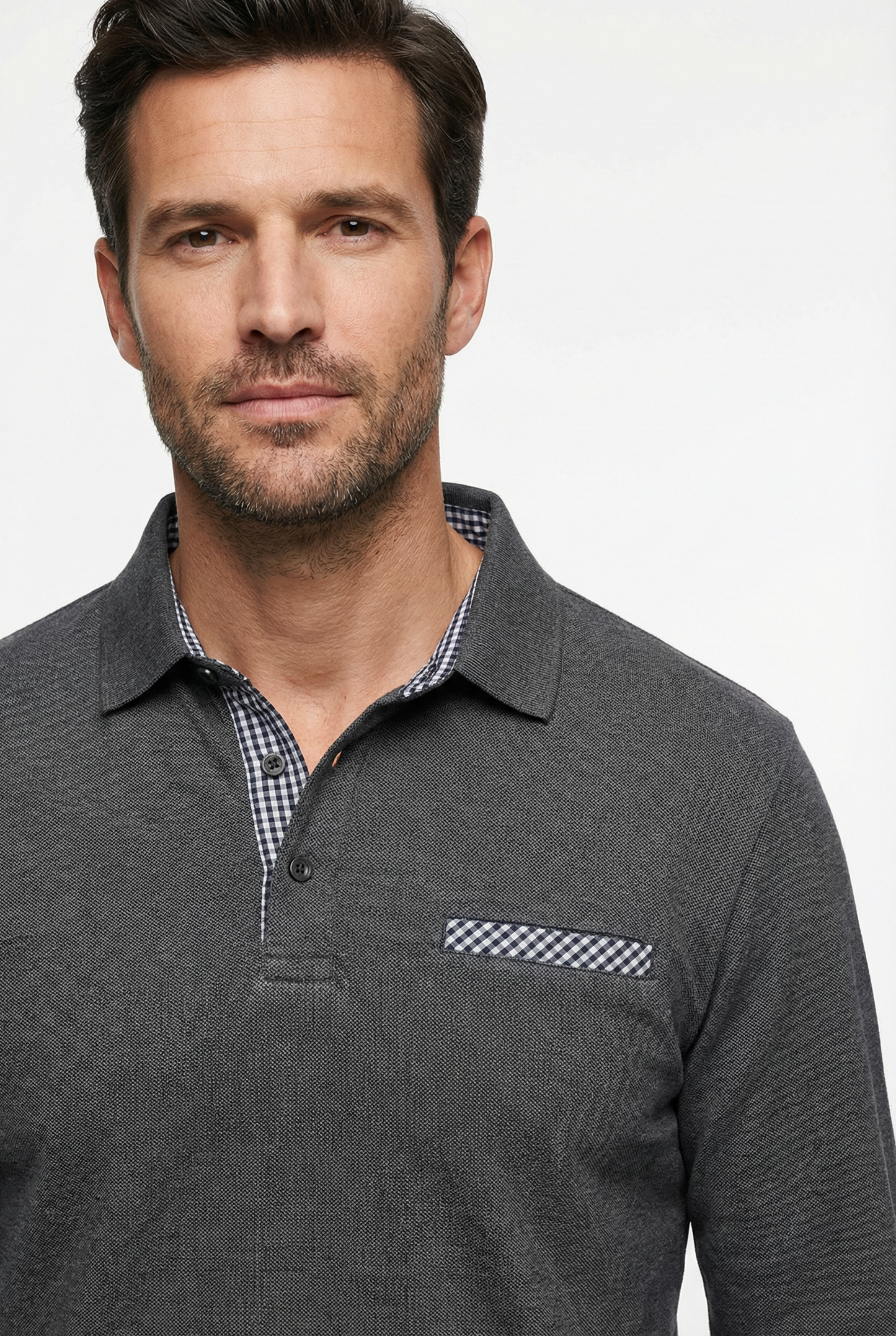 Polo Shirt Men’s Long Sleeve Turn-Down Collar Checked Pattern