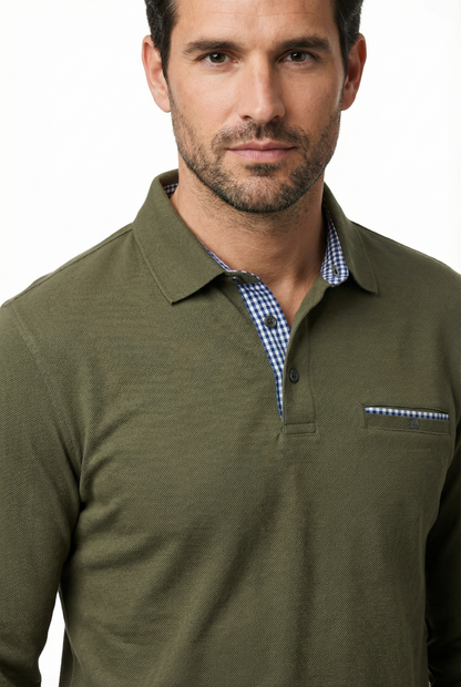 Polo Shirt Men’s Long Sleeve Turn-Down Collar Checked Pattern