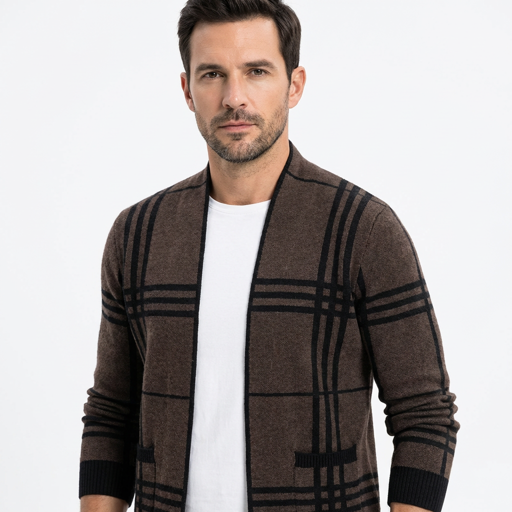 Men’s Cardigan V-Neck Checked Pattern Slim Fit