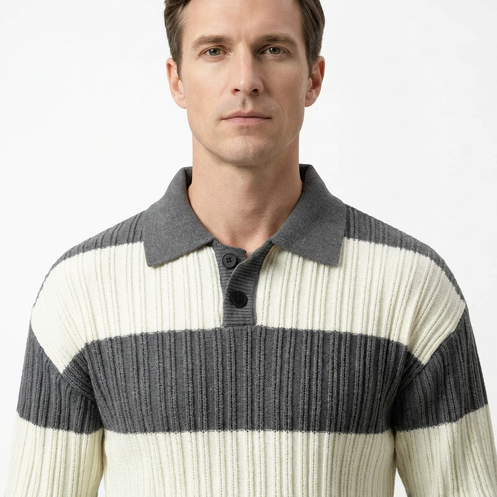 Sweater Men Striped Lapel Collar Casual Fit