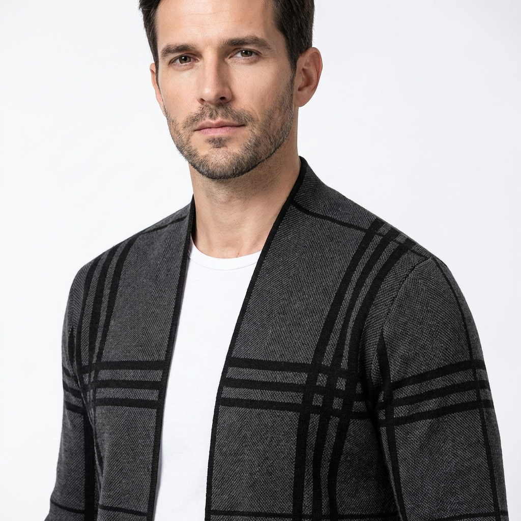 Men’s Cardigan V-Neck Checked Pattern Slim Fit