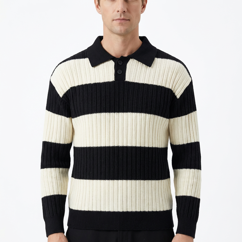 Sweater Men Striped Lapel Collar Casual Fit