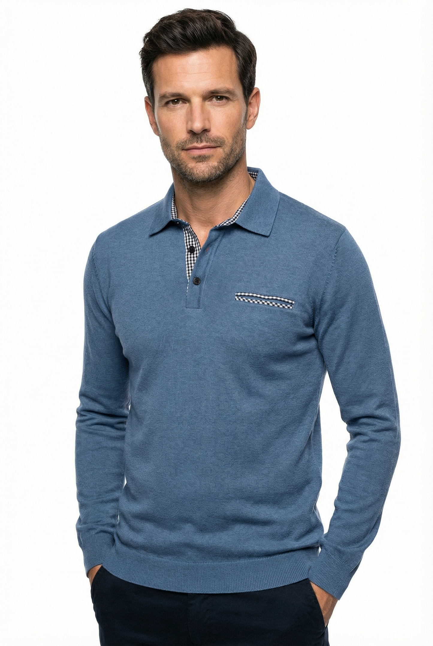 Polo Shirt Men’s Long Sleeve Turn-Down Collar Checked Pattern