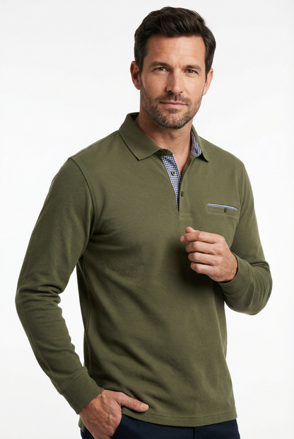Polo Shirt Men’s Long Sleeve Turn-Down Collar Checked Pattern