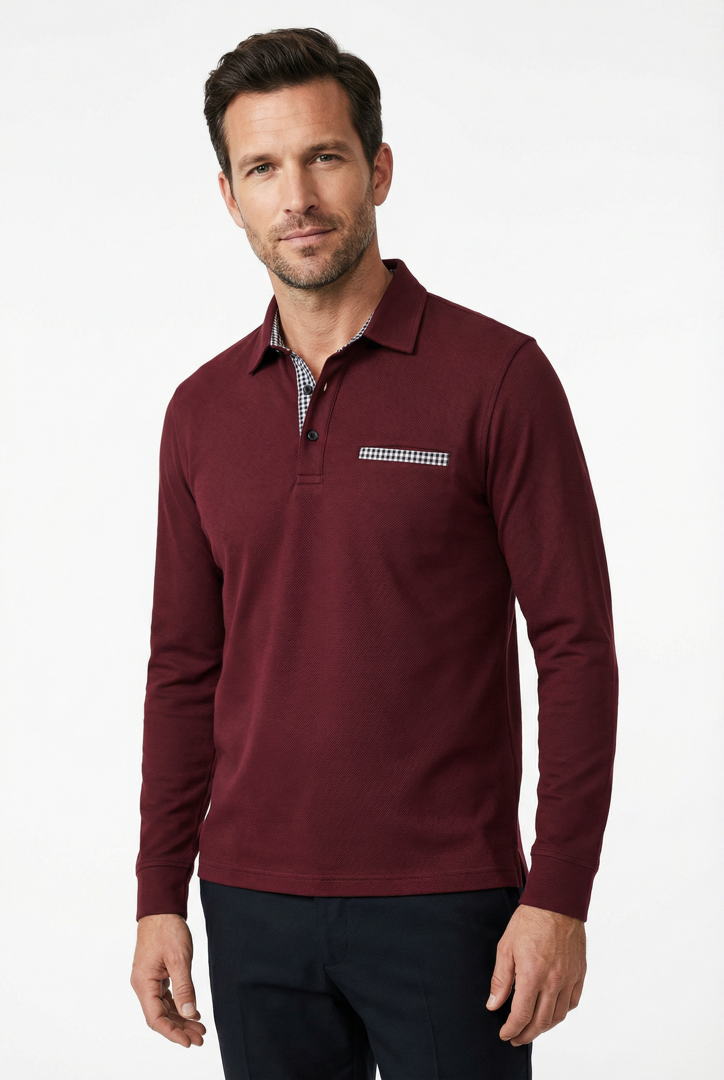 Polo Shirt Men’s Long Sleeve Turn-Down Collar Checked Pattern