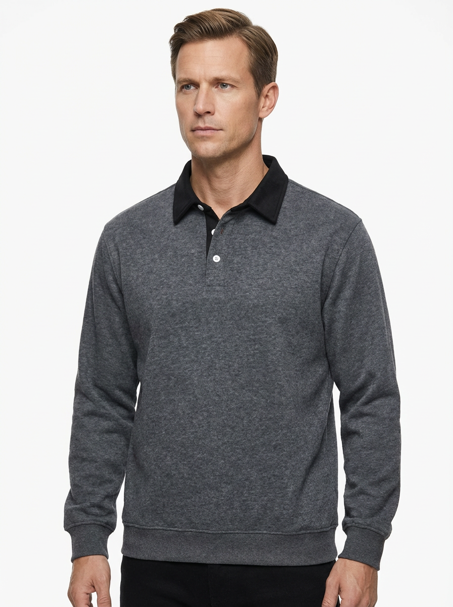 Polo Shirt Men Long Sleeve Button Collar Casual