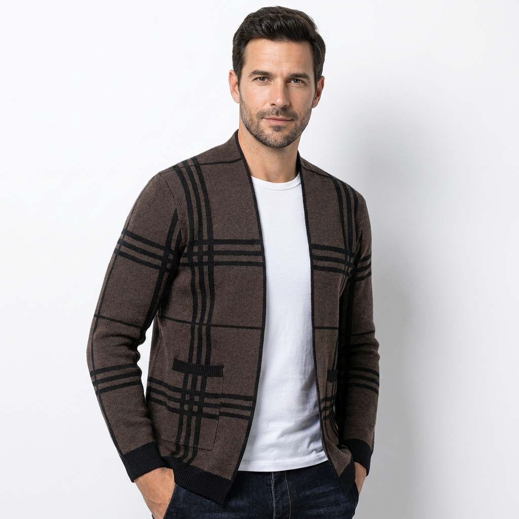 Men’s Cardigan V-Neck Checked Pattern Slim Fit