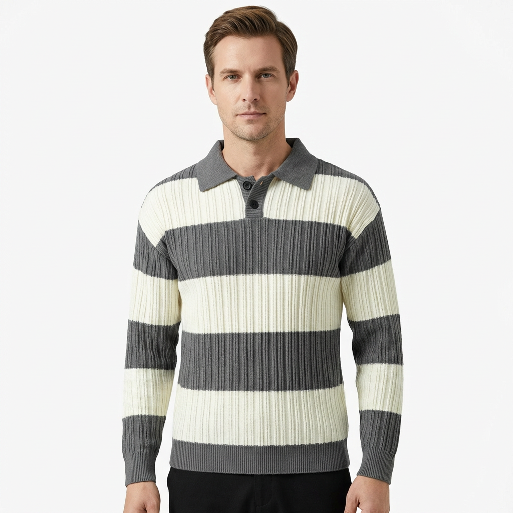 Sweater Men Striped Lapel Collar Casual Fit