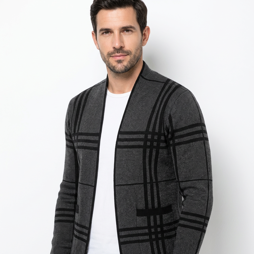 Men’s Cardigan V-Neck Checked Pattern Slim Fit