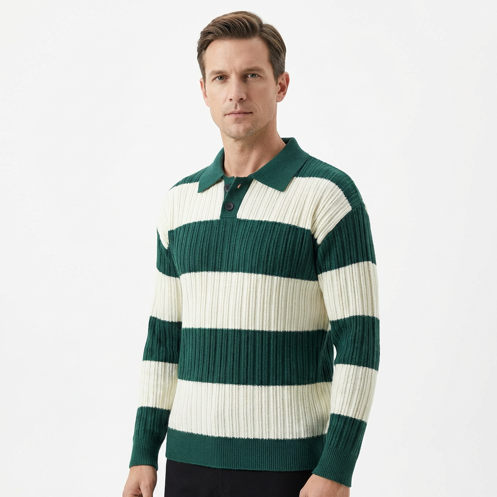 Sweater Men Striped Lapel Collar Casual Fit