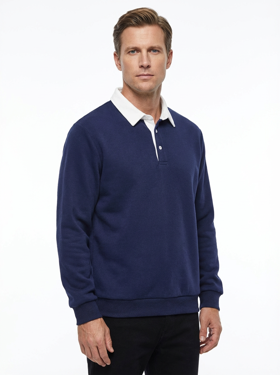 Polo Shirt Men Long Sleeve Button Collar Casual