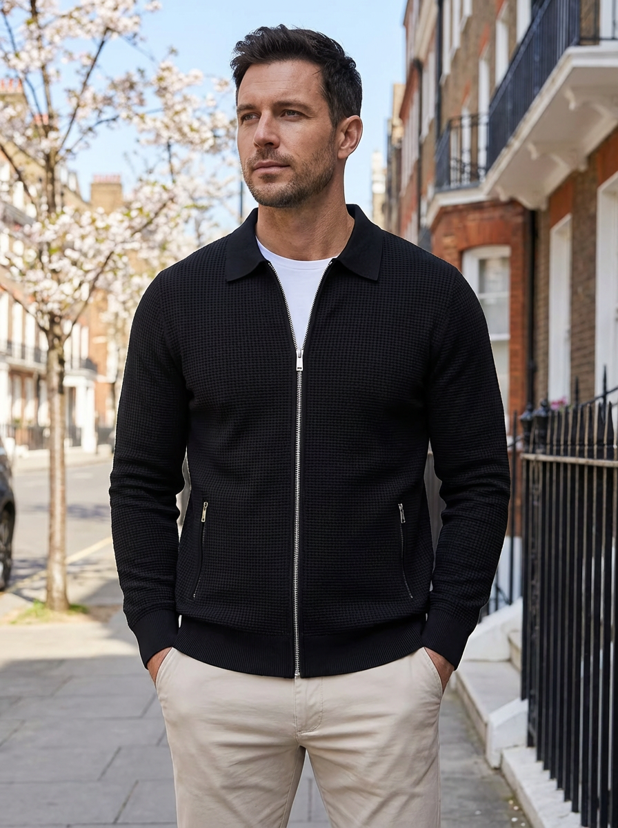 Jacket Men Lapel Collar Zipper Pockets Long Sleeve