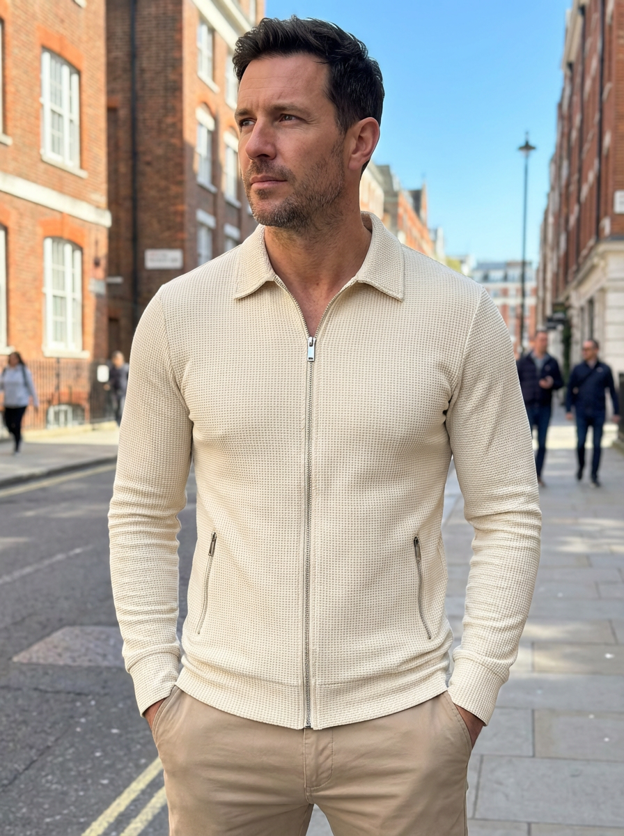 Jacket Men Lapel Collar Zipper Pockets Long Sleeve